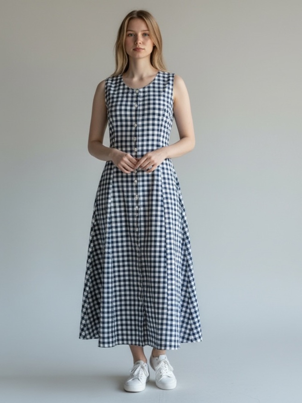 Vtg 90s Butter Mom Midi Dress Size L Navy White Gingham Button-Front Tie Waist